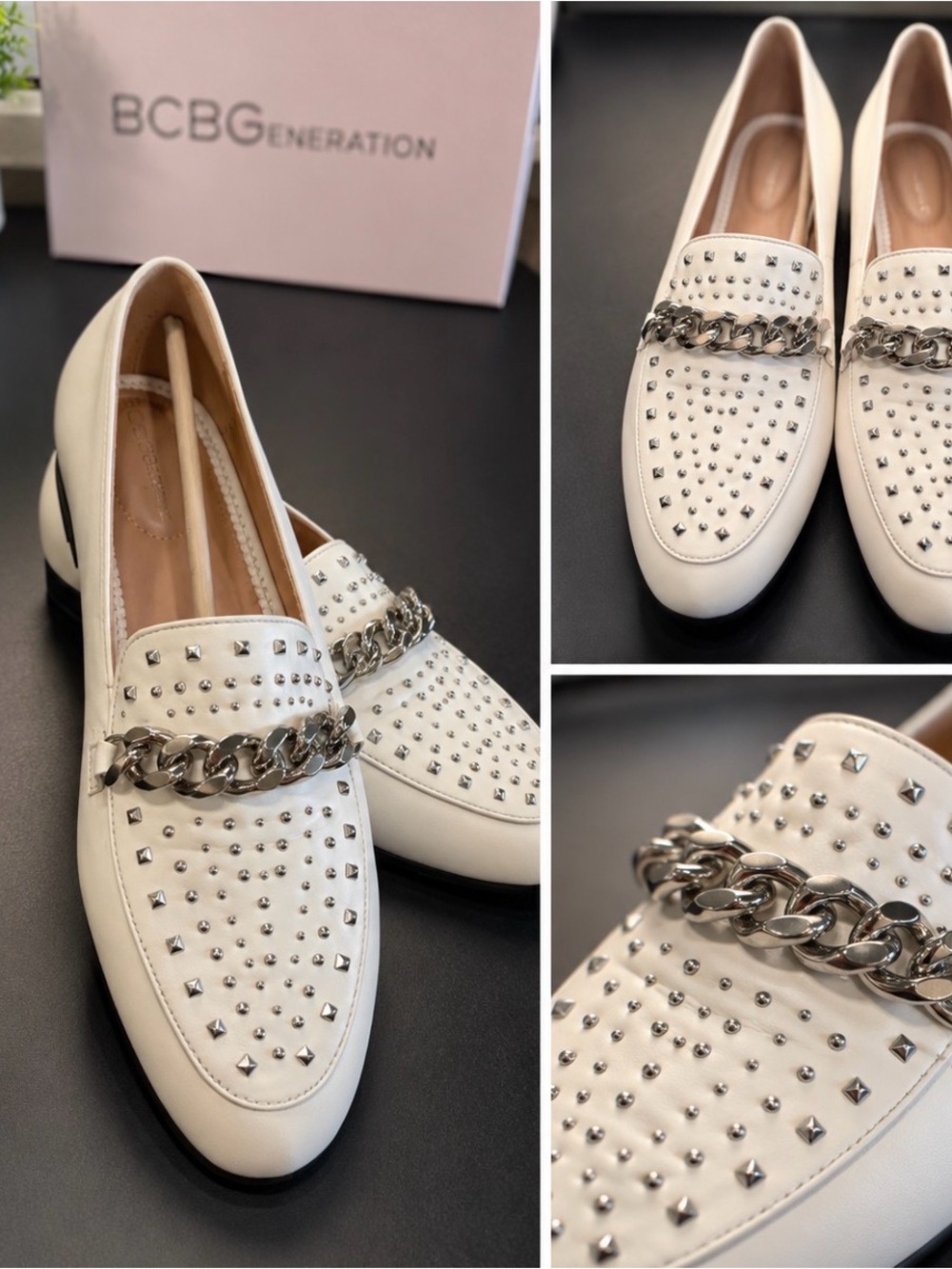 BCBGeneration Cream Leather Studded Loafers with Silver Chain